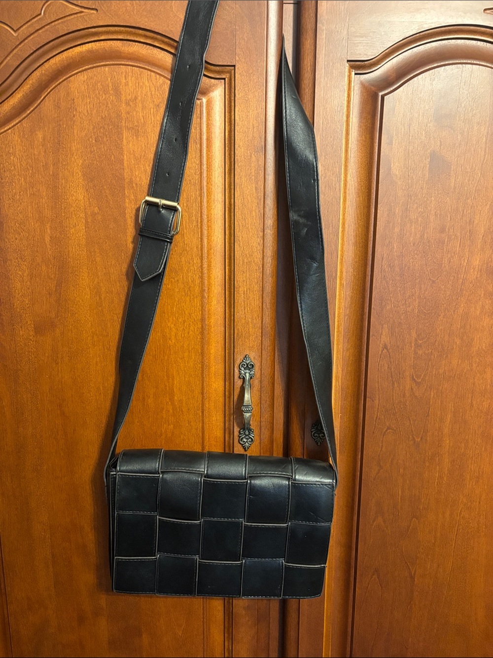 Sondra Roberts Black Woven Leather Messenger Bag